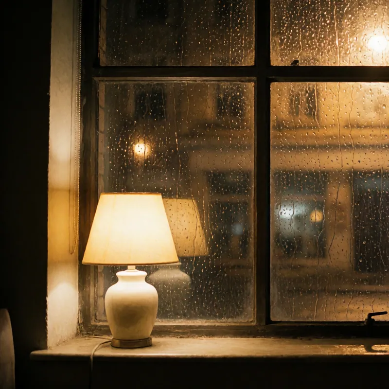 The office window on a wet evening in Woodside